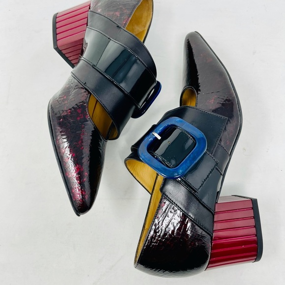 John Fluevog Black Burgundy Navy Red Patent Leather Shoe - Picture 12 of 12